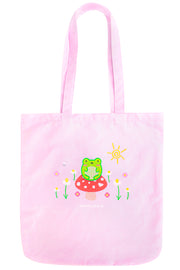 Organic Cotton Froggy & Nature Embroidered Tote Bag - Momokakkoii
