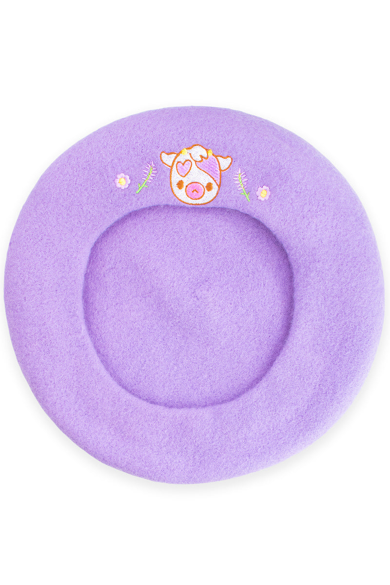 Adorable Cow Embroidered Beret - Momokakkoii