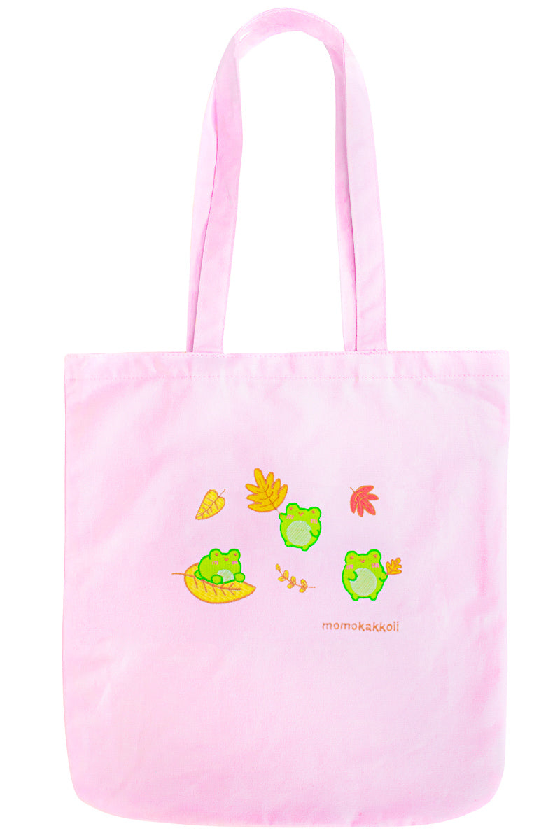 Organic Cotton Autumn Froggies Embroidered Tote Bag - Momokakkoii
