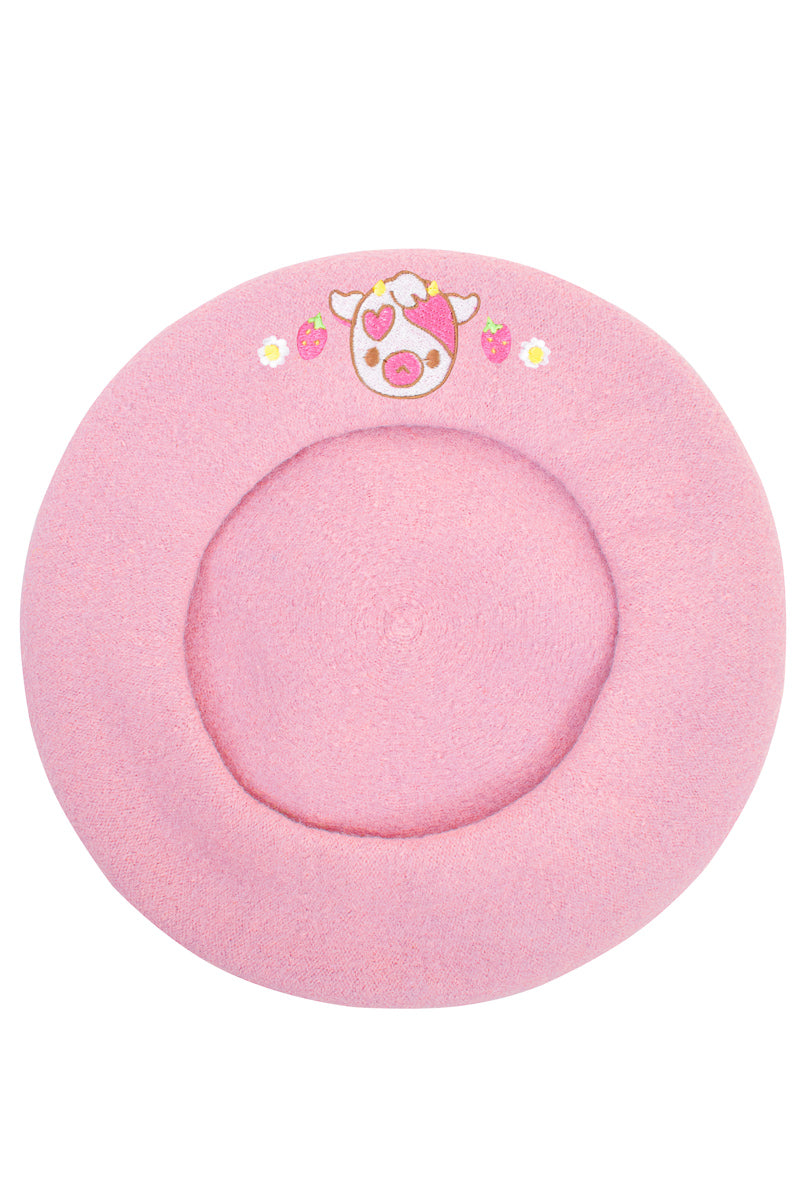 Adorable Cow Embroidered Beret - Momokakkoii