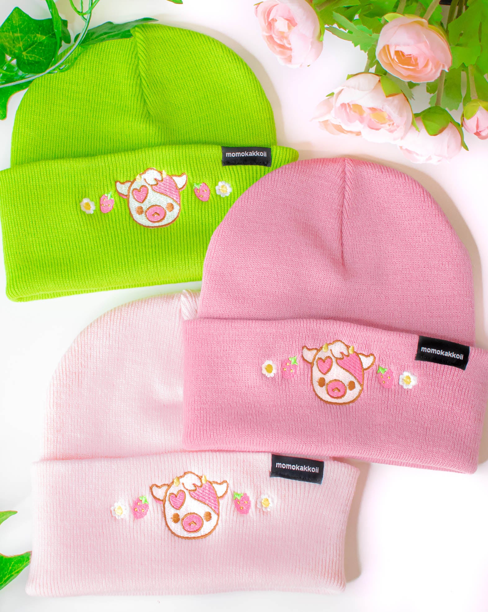 Strawberry Cow Embroidered Beanie - Momokakkoii