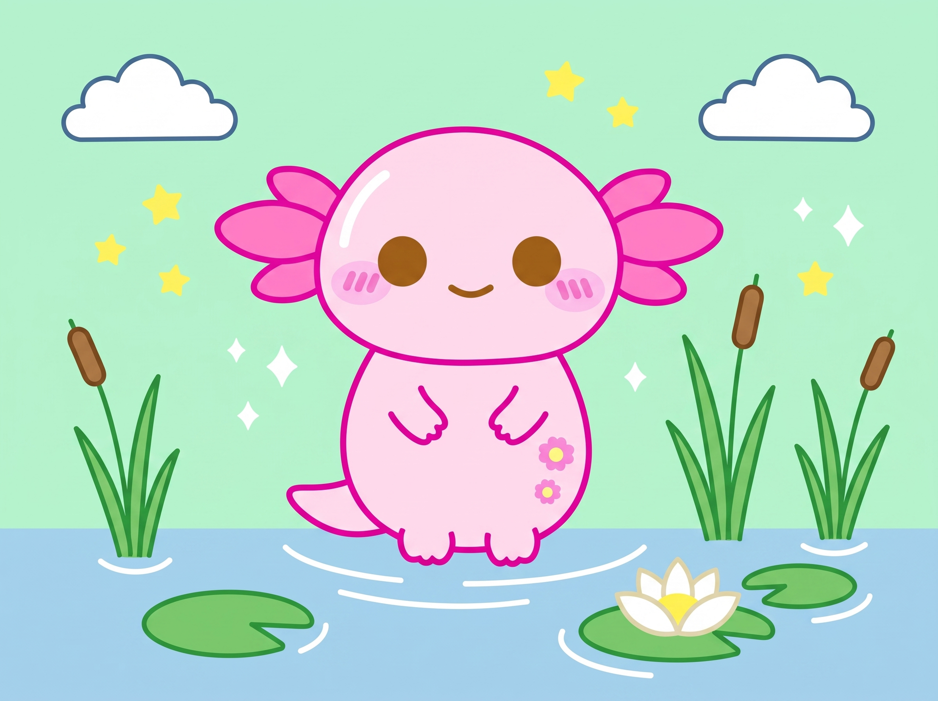 Are axolotls endangered: Xoxi the axolotl sitting quietly in a pond with reeds and lily pads, kawaii illustration by momokakkoii