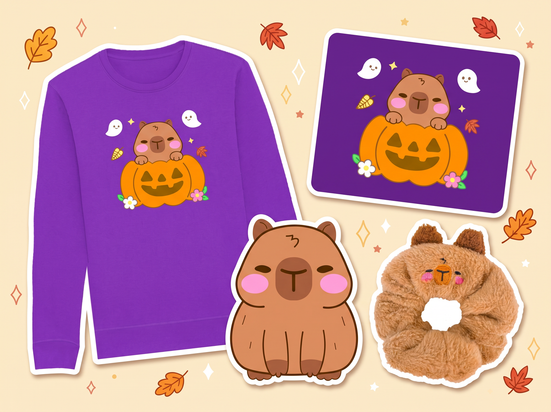 Cosy autumn gifts by momokakkoii with Theo the capybara: pumpkin Theo sweatshirt, pumpkin Theo mouse pad and Theo capybara scrunchie on a warm cream background with autumn leaves and sparkles