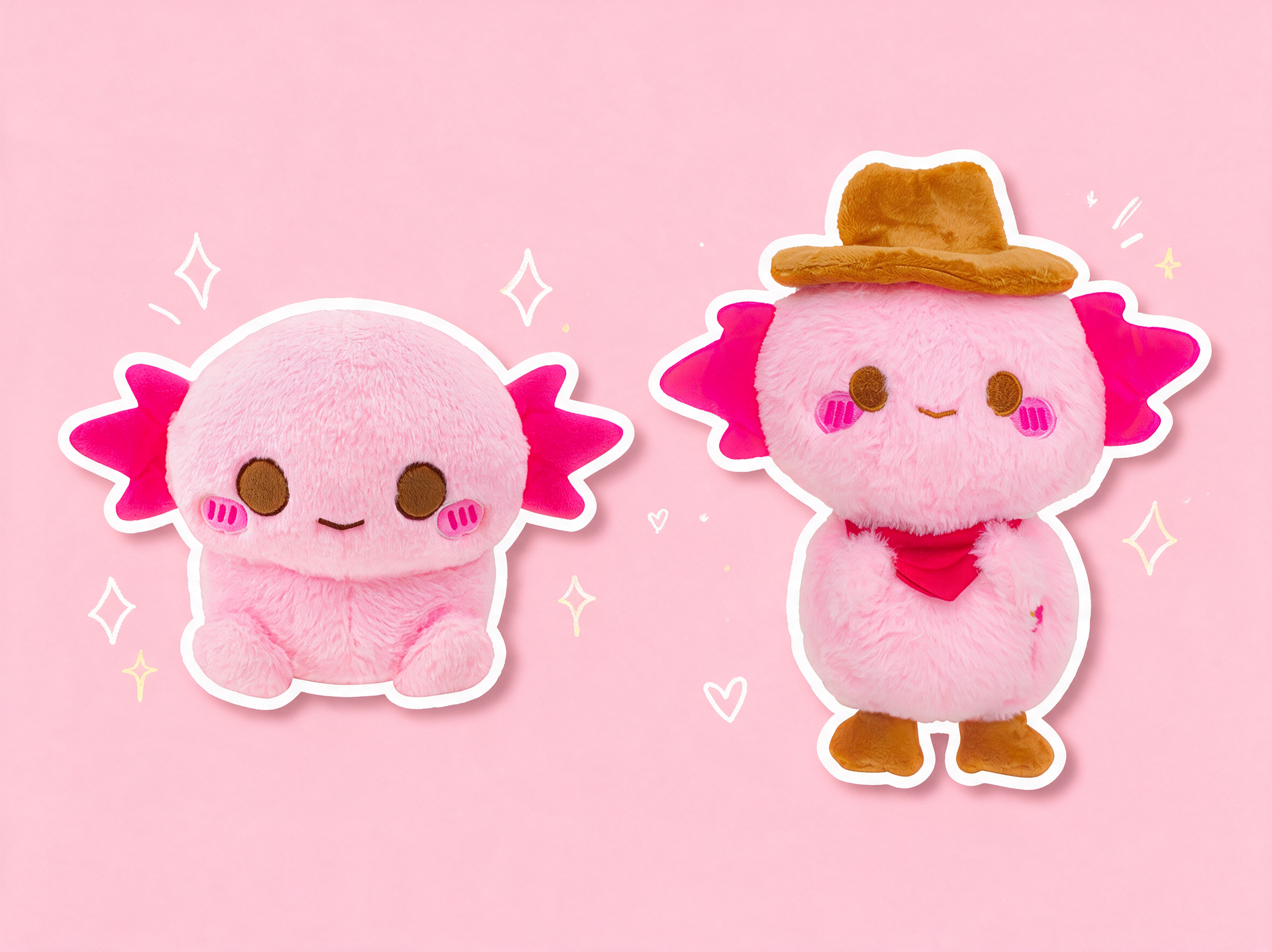 Cute axolotl plush by momokakkoii: the Xoxi the axolotl 9 inch plushie and cowboy Xoxi plushie side by side on a pastel pink background with sparkles