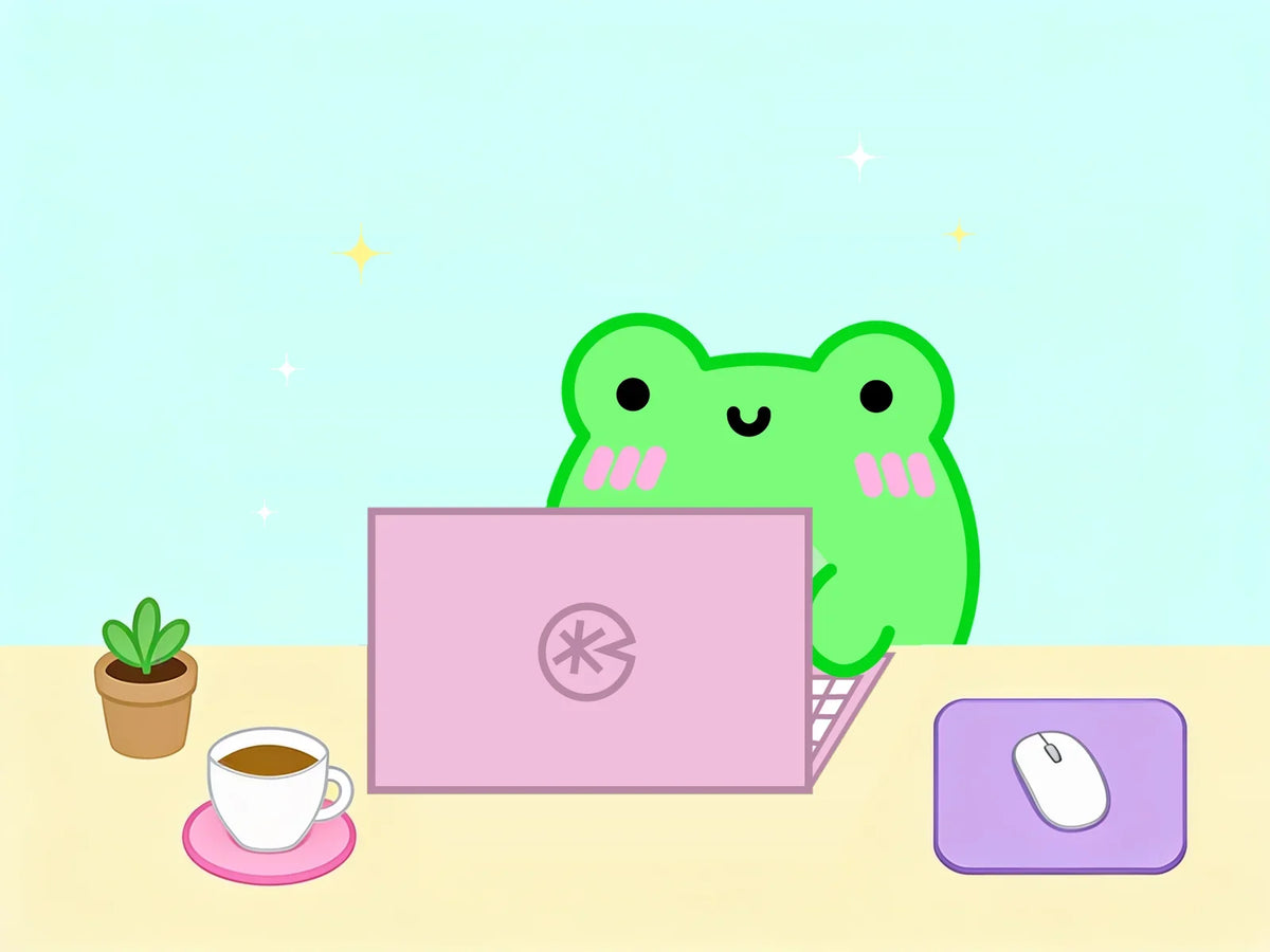 Albert the frog using a pink laptop at a pastel desk with a plant, a cup of tea, a lilac mouse pad and simple star sparkles.