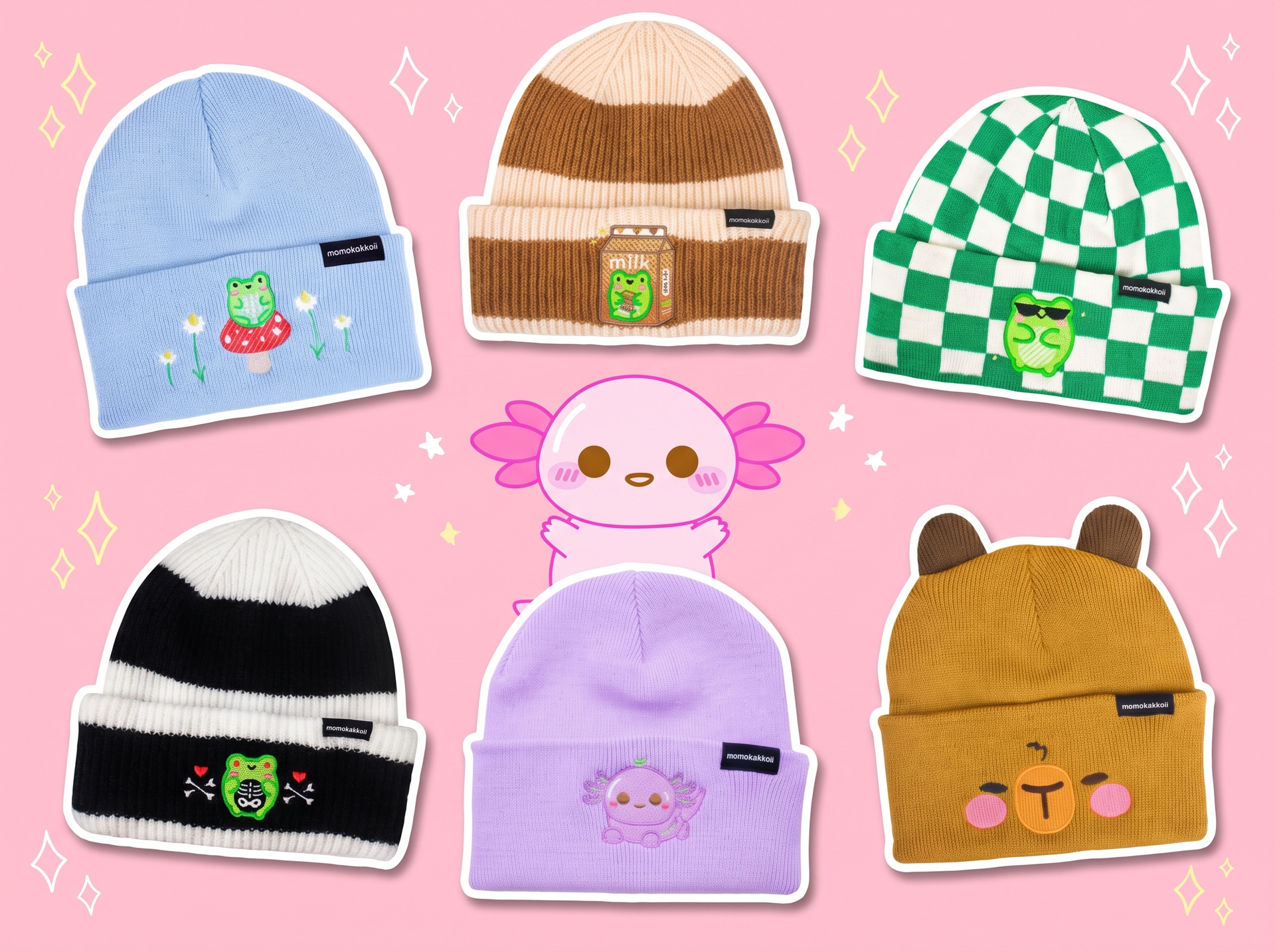 Cute kawaii beanies collection by momokakkoii with xoxi the axolotl: frog mushroom beanie, choccy milk beanie, checkered frog beanie, skeleton frog beanie, lavender axolotl beanie and capybara beanie on pastel pink background