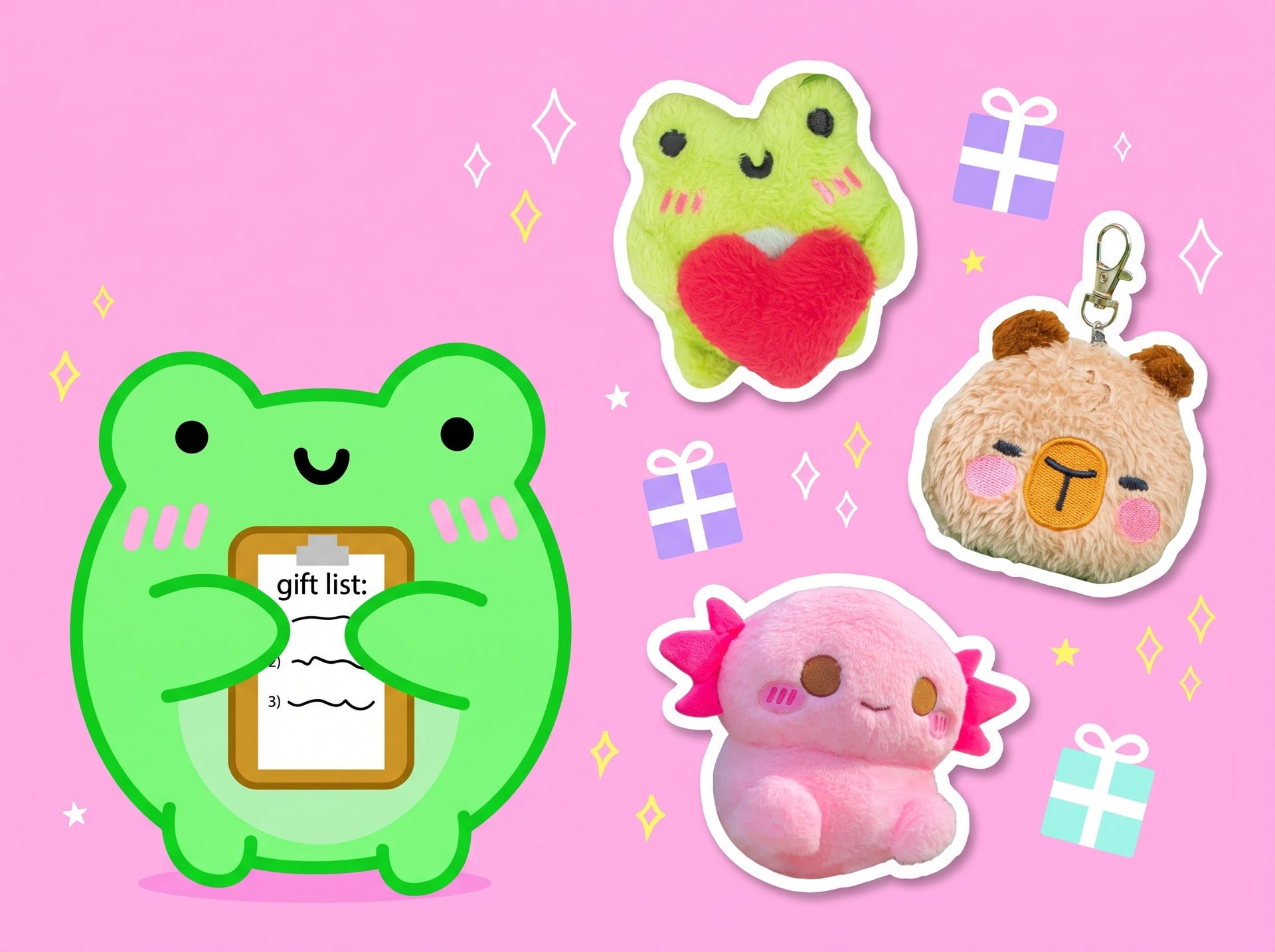 Cute kawaii gifts guide by momokakkoii: Albert the frog with his gift list presenting the heart Albert mini plush, Theo the capybara keychain and Xoxi the axolotl plushie on pastel pink background with sparkles and gift boxes