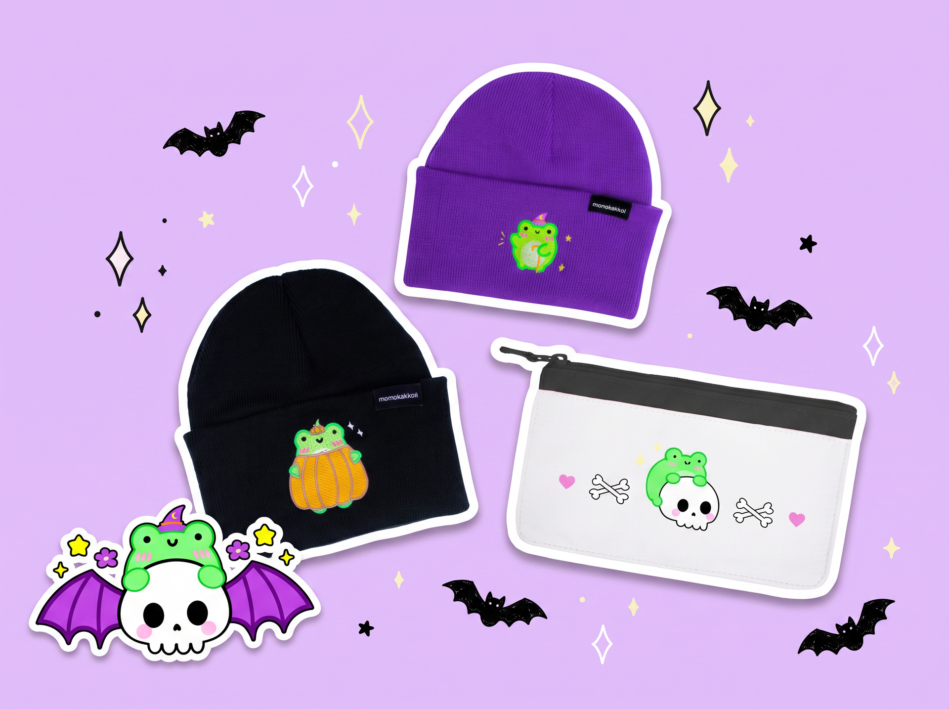 Frog halloween gifts by momokakkoii: wizard Albert beanie, pumpkin Albert beanie and skull Albert pencil case with spooky Albert the frog on a pastel lavender background with bats and sparkles