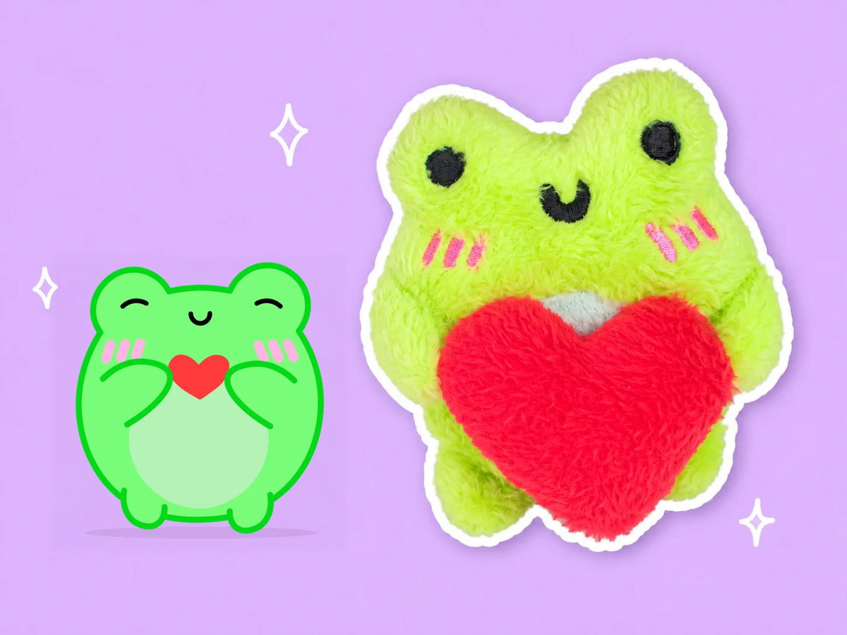 Heart Albert mini plush beside original heart-holding Albert artwork with both feet on a lilac background.