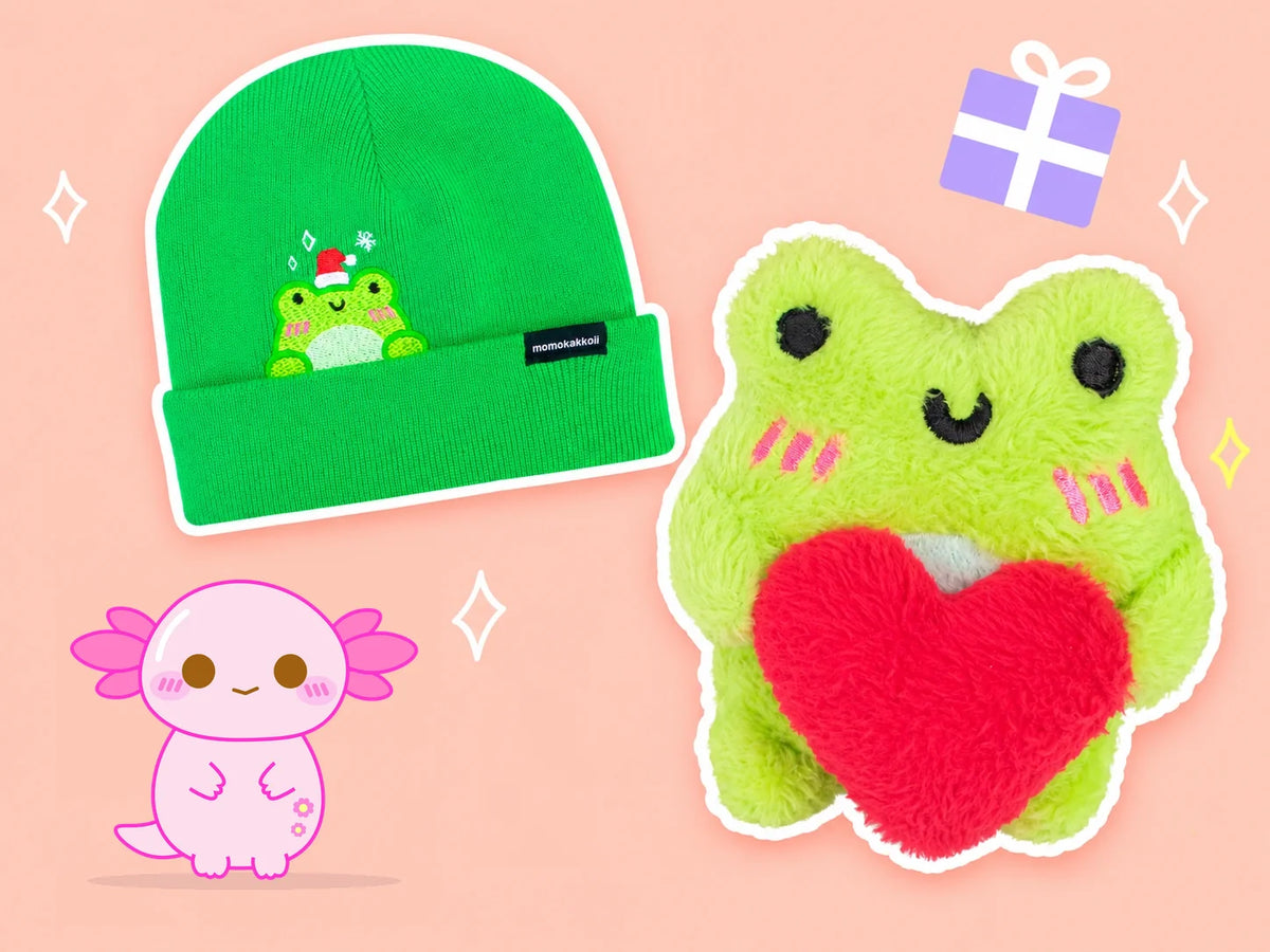 Holiday Albert beanie and Heart Albert plush with original smiling Xoxi artwork on peach.