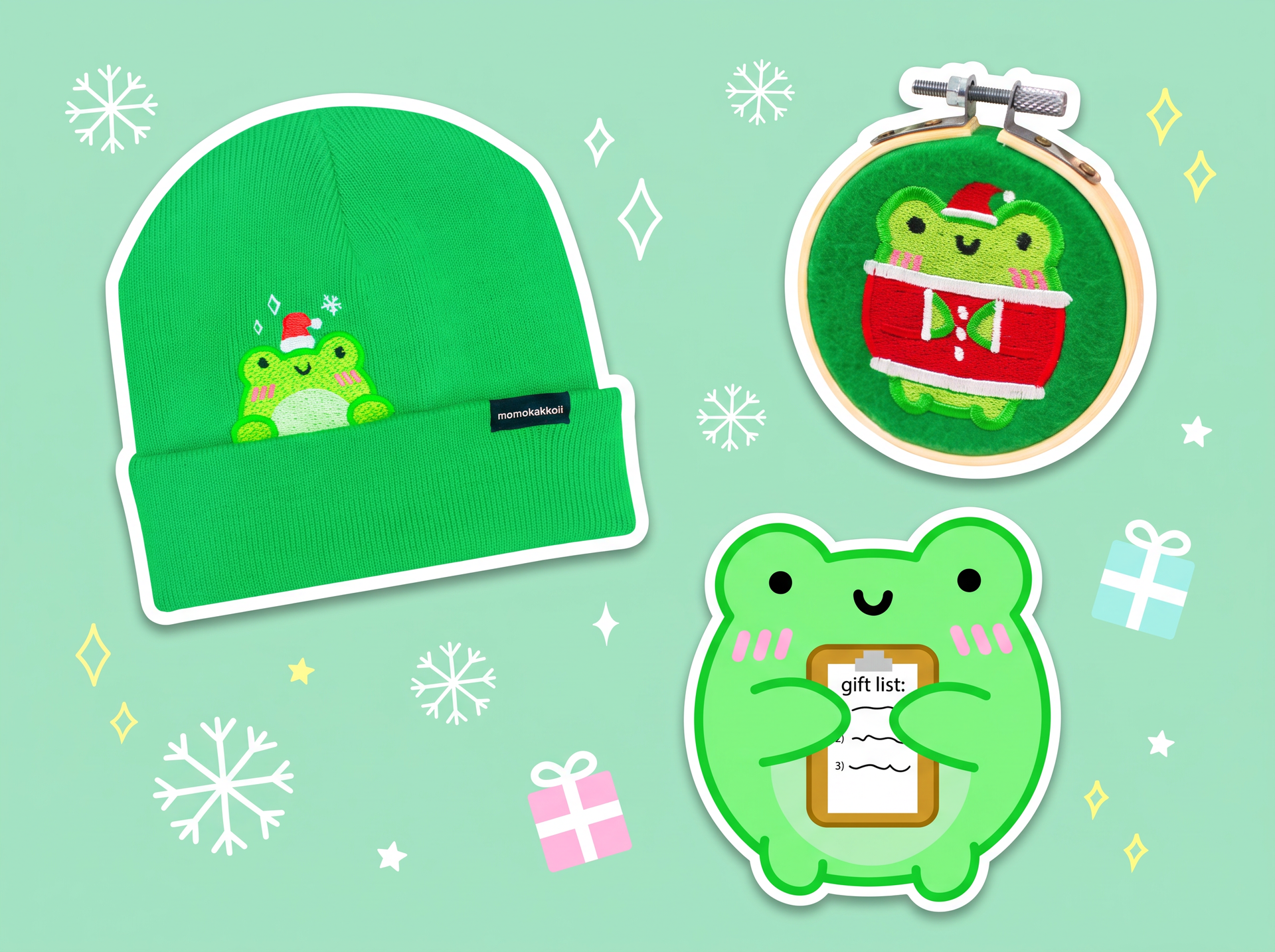 Kawaii christmas gifts by momokakkoii: holiday Albert the frog beanie and jolly Albert decorative hoop with Albert the frog holding his gift list, on a mint green background with snowflakes and presents