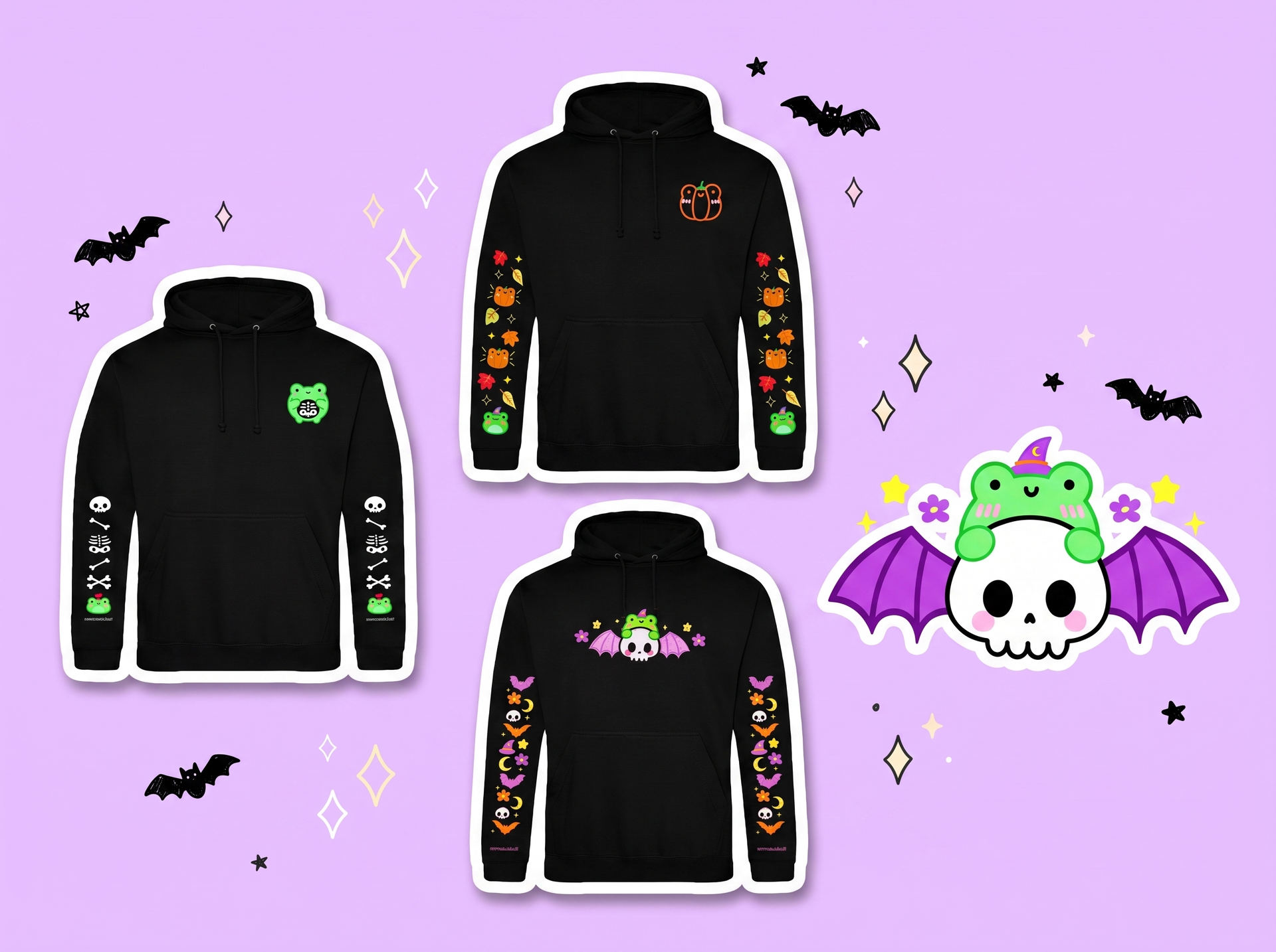 Kawaii halloween gifts by momokakkoii: skelly Albert hoodie, pumpkin harvest Albert hoodie and Albert and the flying skull hoodie with spooky cute Albert the frog on a pastel lavender background with bats and sparkles