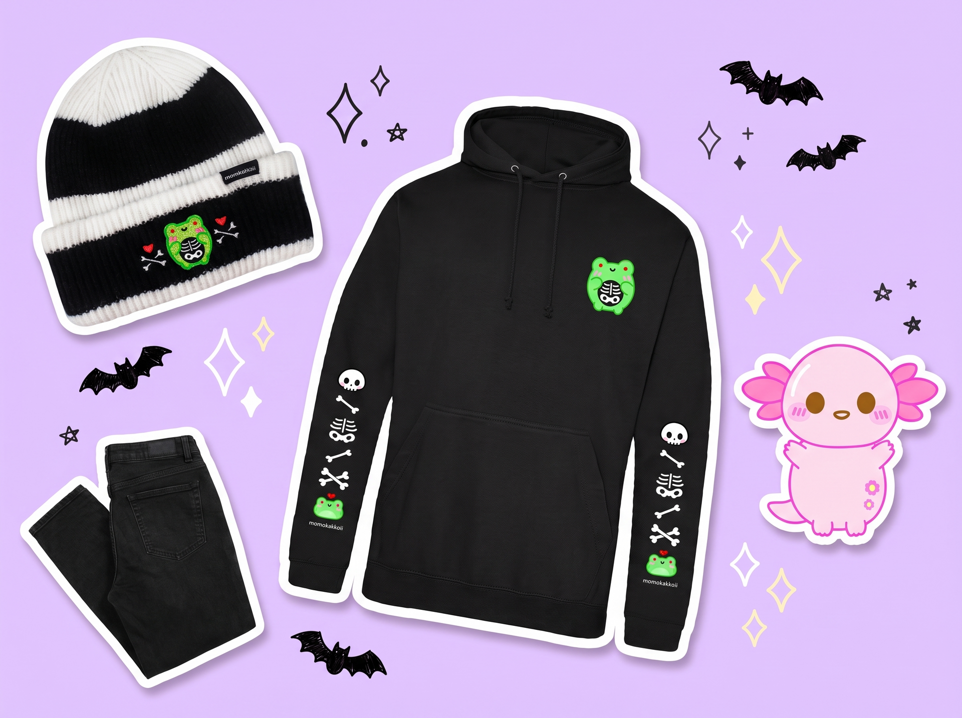 Kawaii halloween outfit by momokakkoii: skelly Albert hoodie, striped skelly Albert beanie and black jeans with Xoxi the axolotl on a lavender background with bats