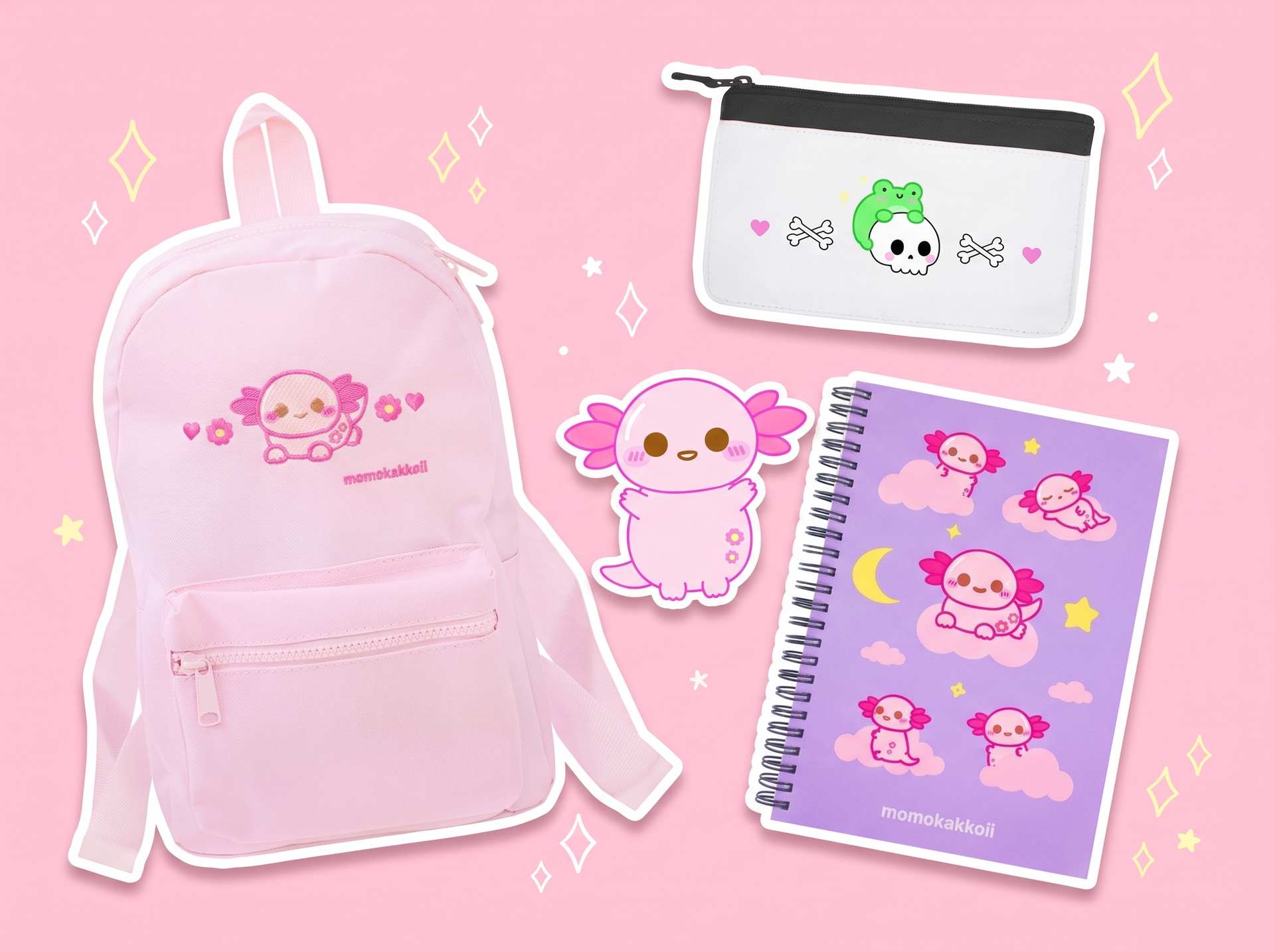 Kawaii school supplies by momokakkoii: Xoxi the axolotl pink mini backpack, skull Albert pencil case and cloud cuddles Xoxi A5 notebook with Xoxi the axolotl on a pastel pink background with sparkles