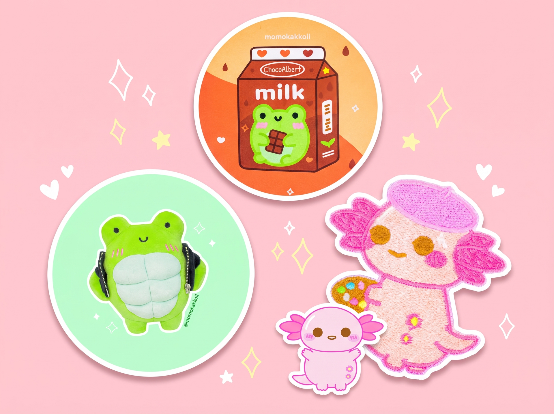 Kawaii stocking fillers under 20 by momokakkoii: mighty Albert fridge magnet with dumbbells, choccy milk Albert mouse pad and Xoxi the artist axolotl patch with Xoxi the axolotl on a pastel pink background