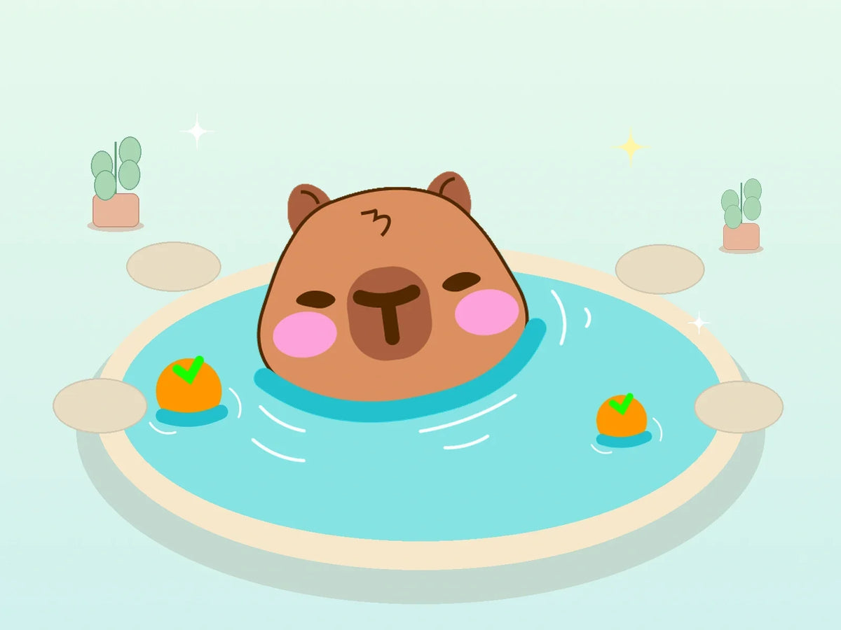 Theo the capybara relaxing in a turquoise citrus bath surrounded by pastel stones, plants and floating oranges.