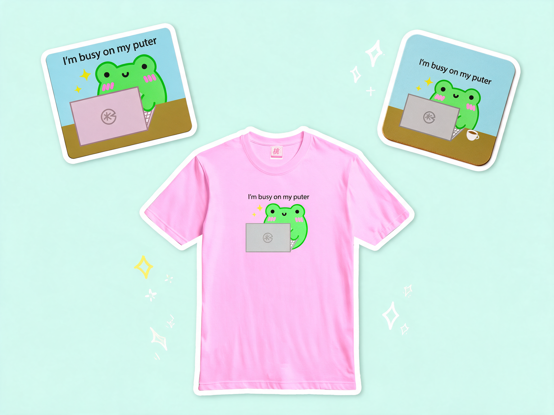 Busy on my puter desk things by momokakkoii: the Albert the frog mouse pad, coaster and tote bag on a pale mint background with sparkles