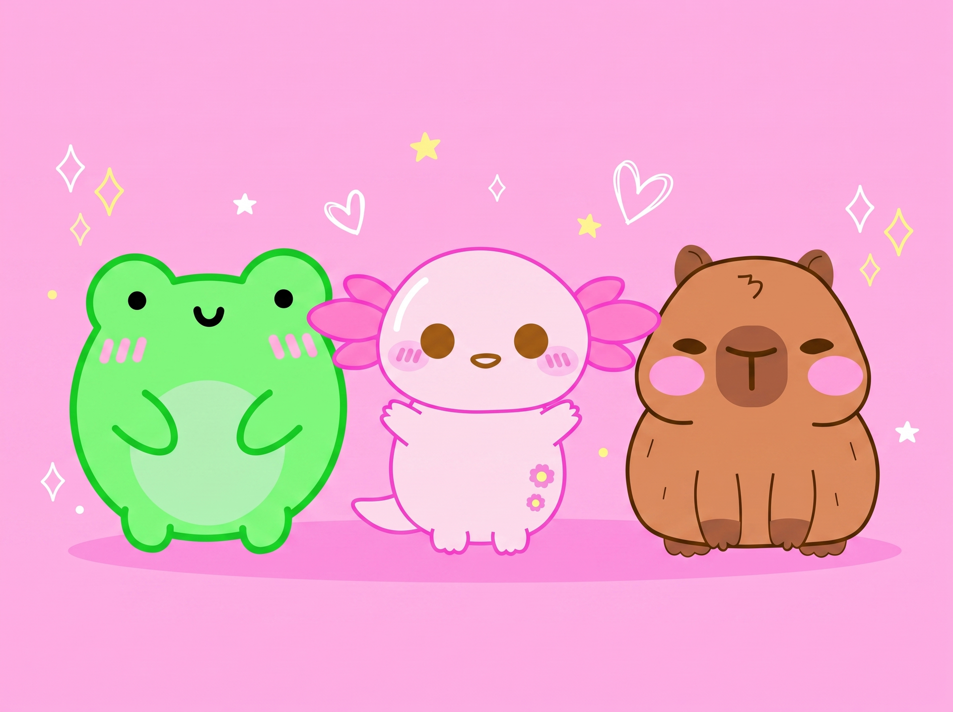 What is kawaii explained by momokakkoii characters: Albert the frog, Xoxi the axolotl and Theo the capybara together on pastel pink background with doodled sparkles and hearts