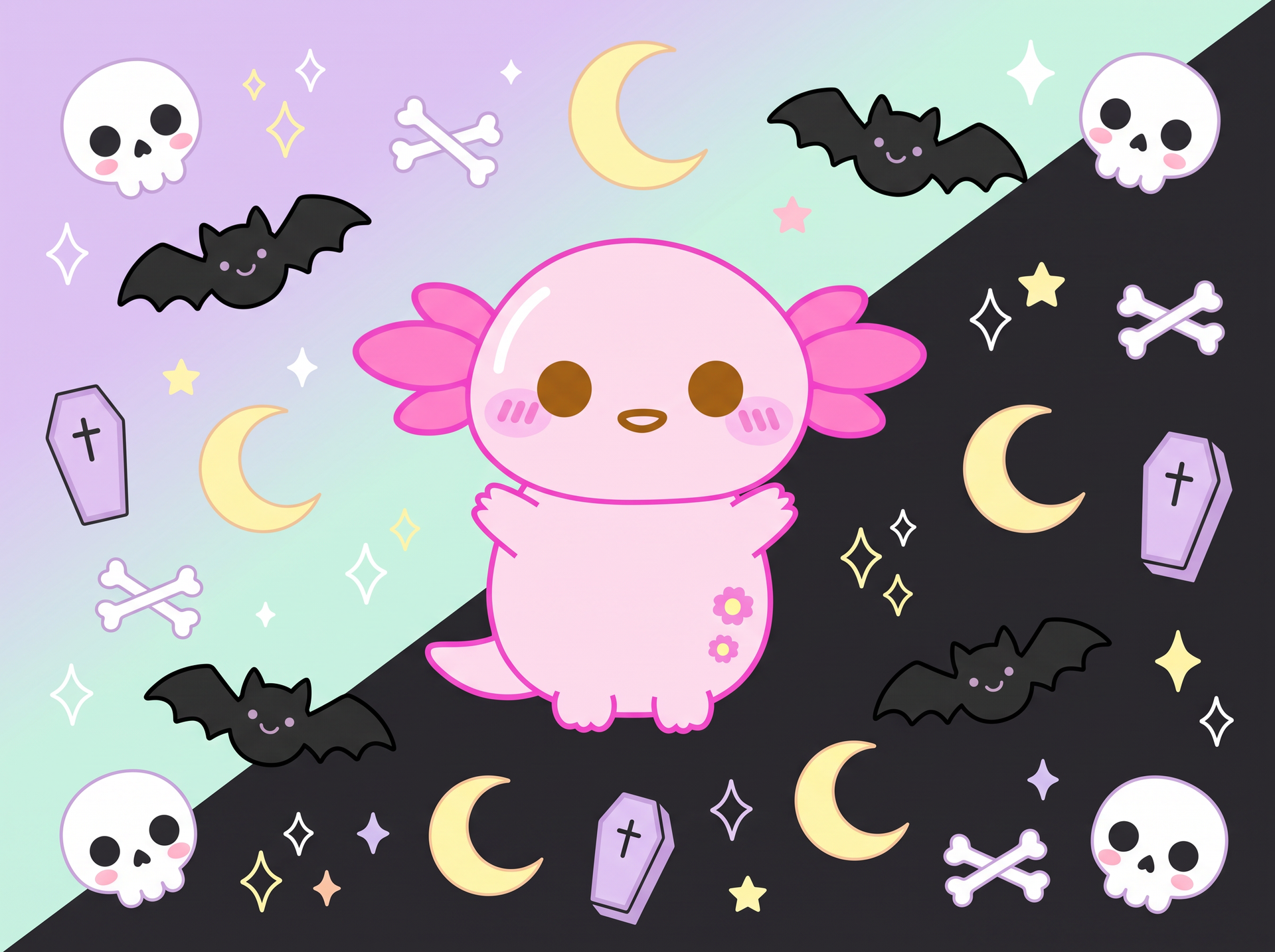 What is pastel goth explained by momokakkoii: Xoxi the axolotl surrounded by cute pastel goth motifs including skulls, bats, crescent moons and coffins on a split lavender and black background