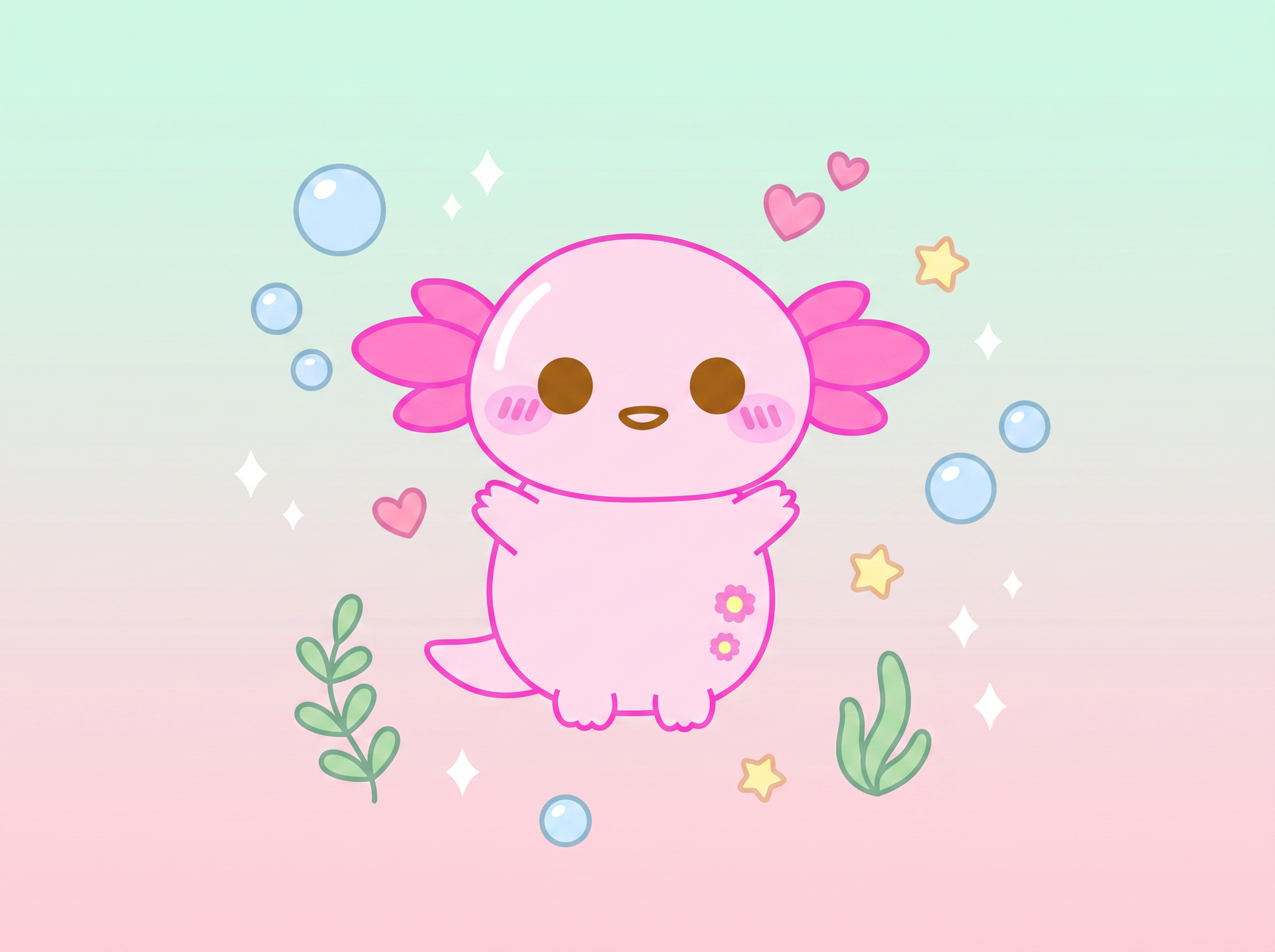 Why are axolotls so popular explained by momokakkoii: Xoxi the cute pink axolotl smiling underwater with bubbles, water plants, stars and hearts on a mint and pink gradient background
