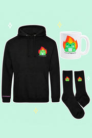 At My Frogging Limit Survival Kit: one black I'm At My Frogging Limit embroidered hoodie, one matching white ceramic mug, one pair black Albert In Flames embroidered socks, on a simple pastel background with white outlines and small sparkles.