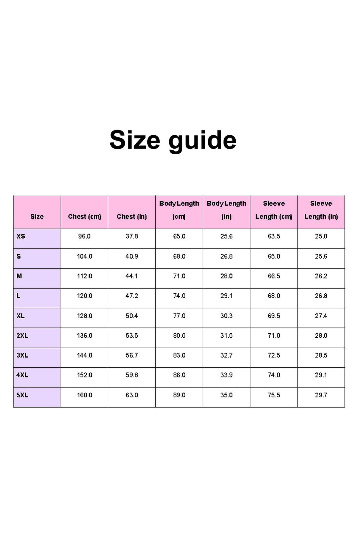 Frogging Limit hoodie size guide from Extra Small to 5XL.