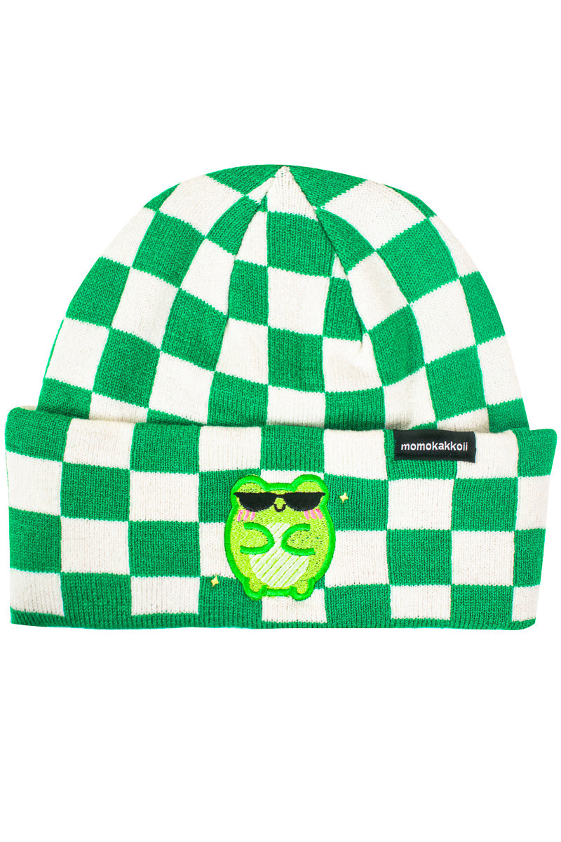 albert the frog beanie wearing glasses