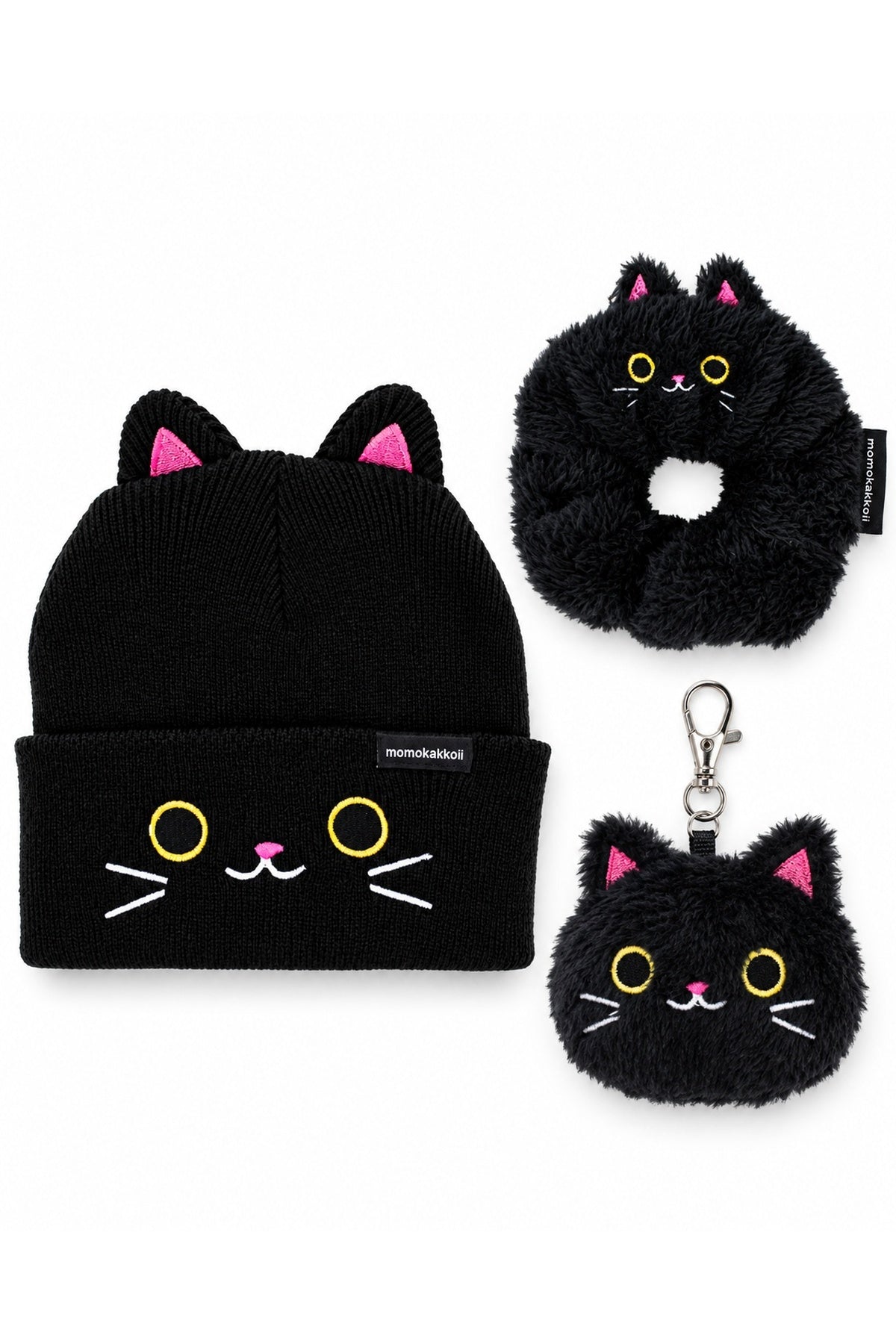 White-background product arrangement: one Umi black cat-eared knit beanie, one Umi black cat ring-shaped scrunchie, one Umi plush cat-head keychain WITH its real metal clip.