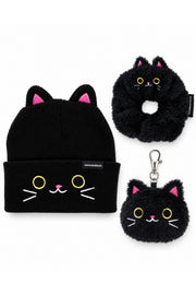 White-background product arrangement: one Umi black cat-eared knit beanie, one Umi black cat ring-shaped scrunchie, one Umi plush cat-head keychain WITH its real metal clip.