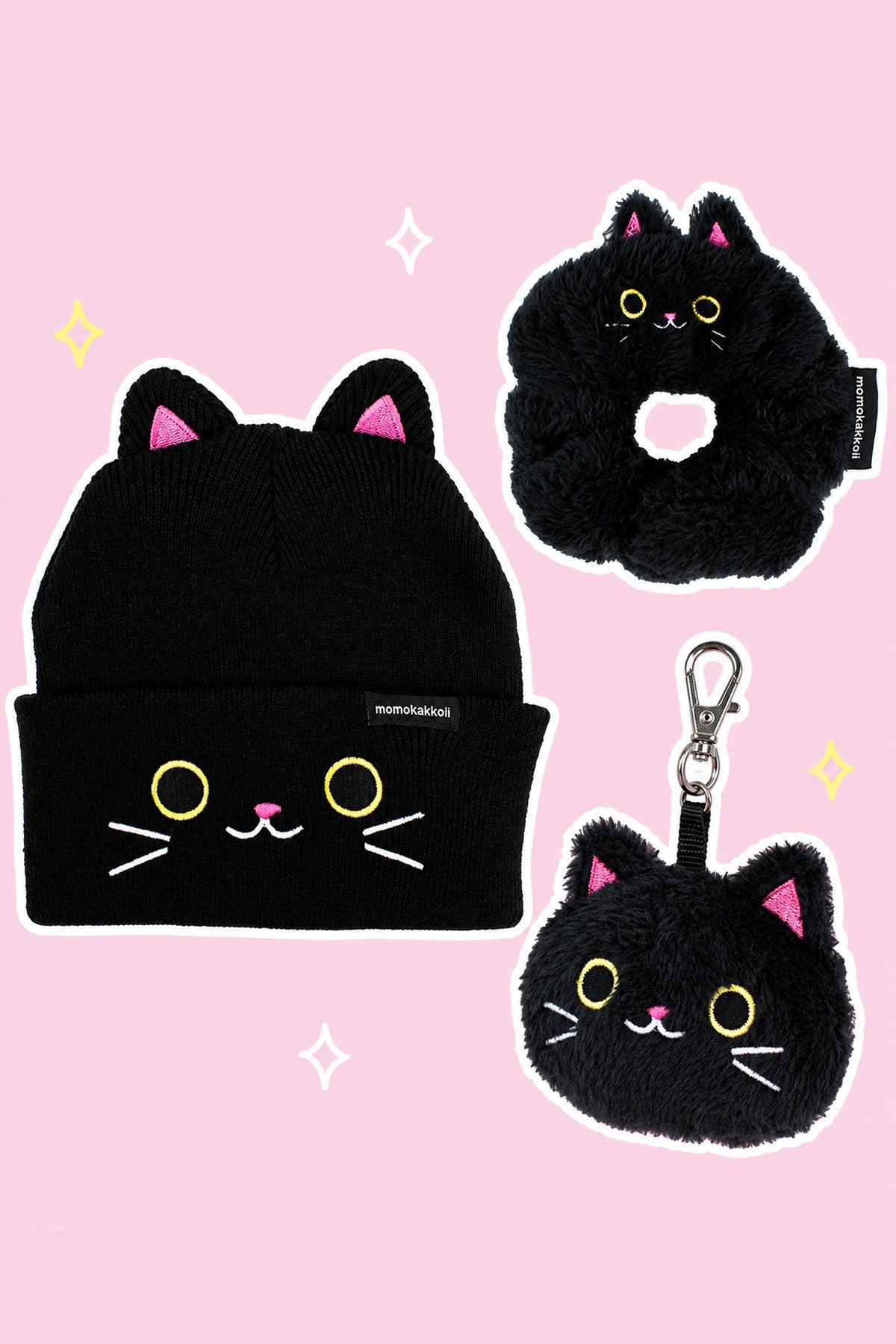 Umi the Cat Winter Starter Pack: one Umi black cat-eared knit beanie, one Umi black cat ring-shaped scrunchie, one Umi plush cat-head keychain WITH its real metal clip, on a simple pastel background with white outlines and small sparkles.