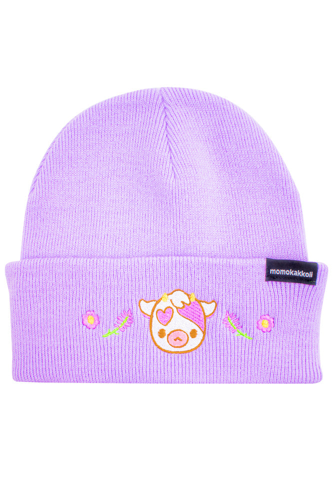 Lavender Cow Embroidered Beanie