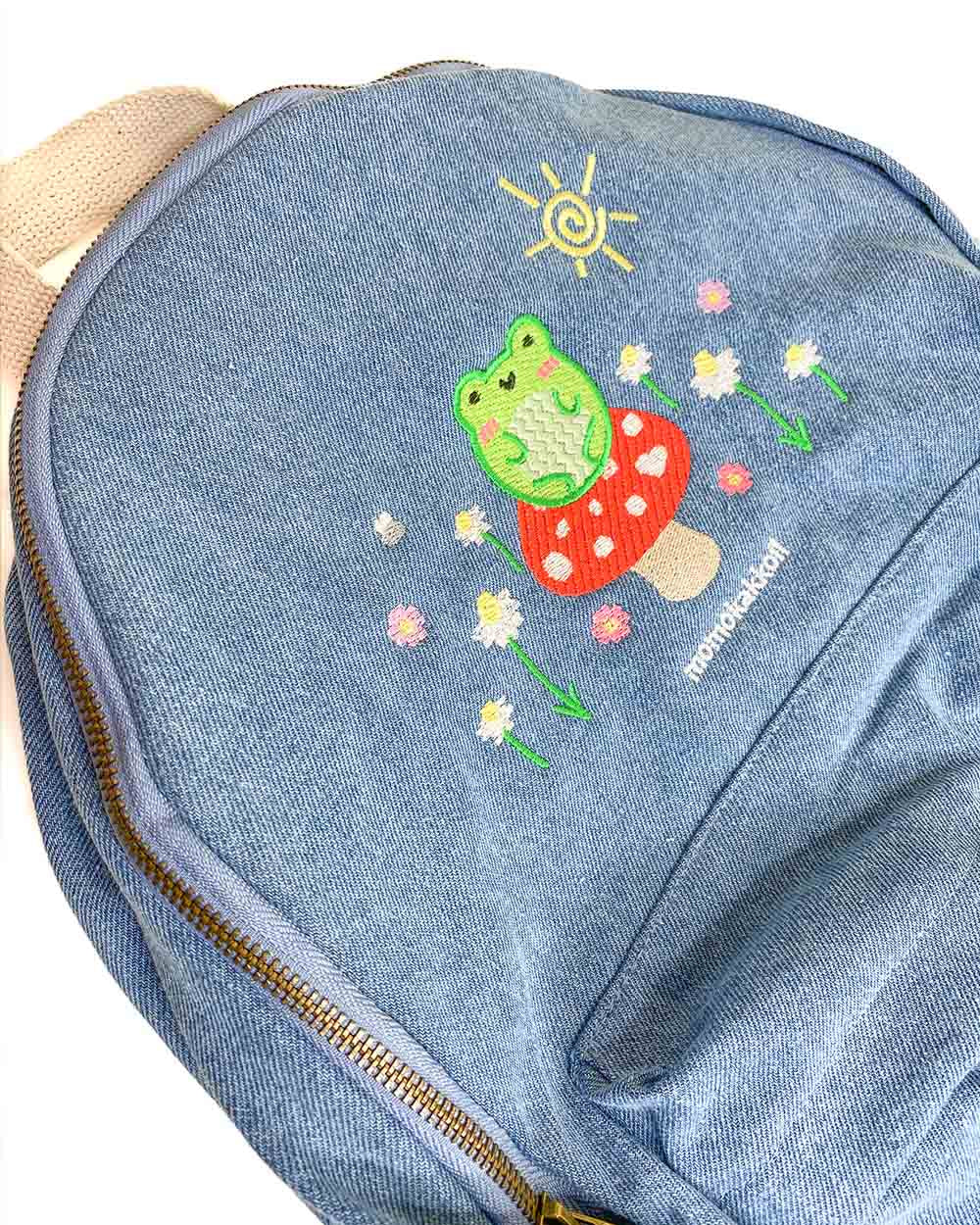 Froggy & Nature Embroidered Denim Backpack - Momokakkoii