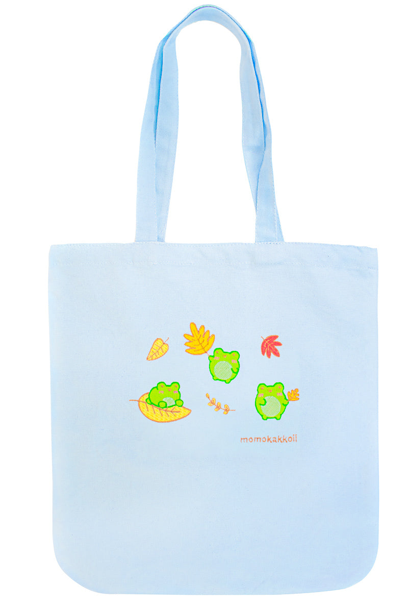 Organic Cotton Autumn Froggies Embroidered Tote Bag - Momokakkoii