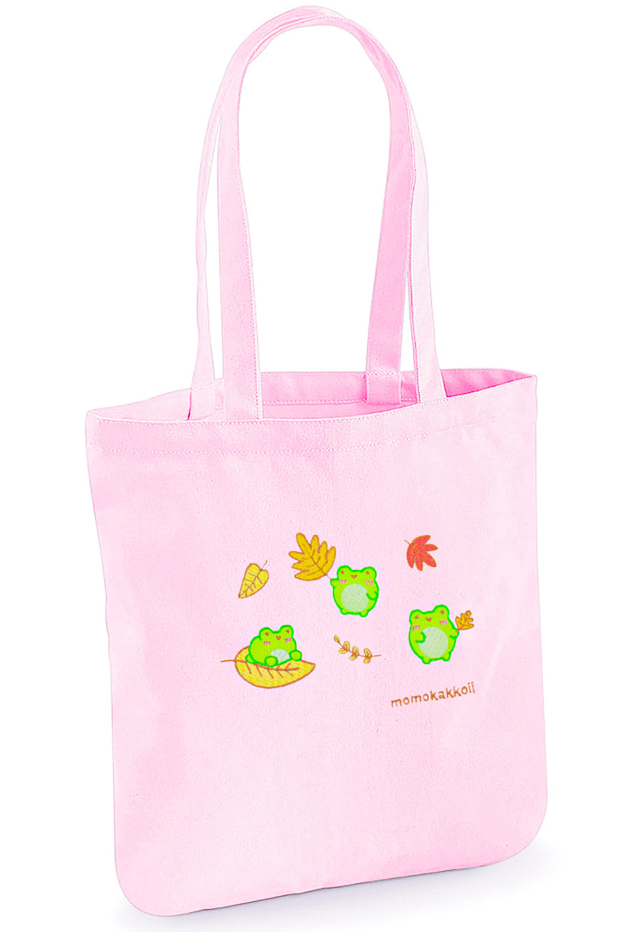 Organic Cotton Autumn Froggies Embroidered Tote Bag - Momokakkoii