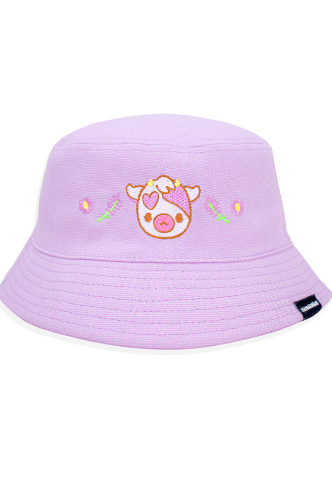 Lavender Cow Embroidered Bucket Hat - Momokakkoii