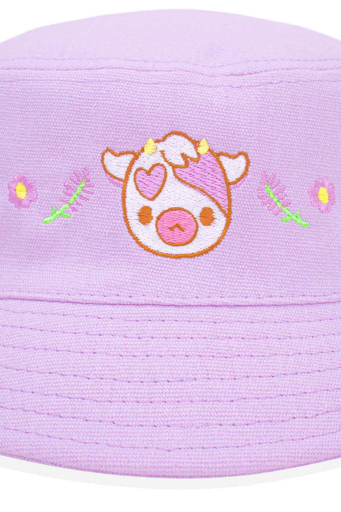Lavender Cow Embroidered Bucket Hat - Momokakkoii